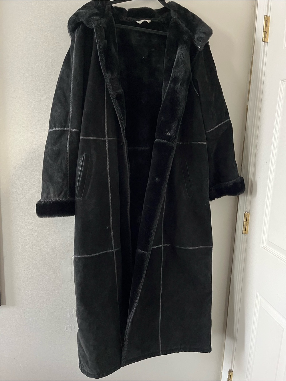 Vintage 90s Black Genuine Suede Leather Faux Fur Lined Maxi Coat XL Minimalist